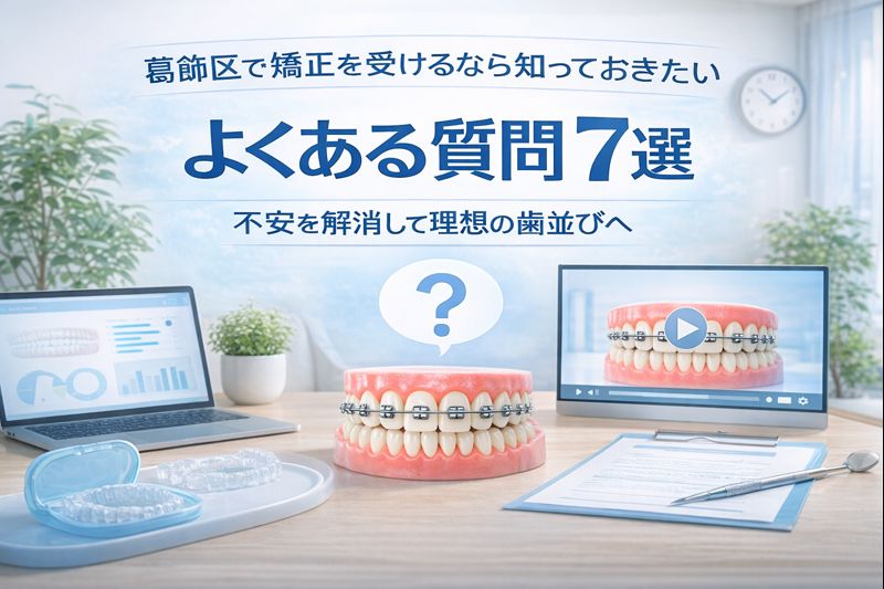 葛飾区の歯科医院で矯正治療の疑問をわかりやすく解説するイメージ、白と淡いブルー基調の清潔感ある院内、タイトル文字入り