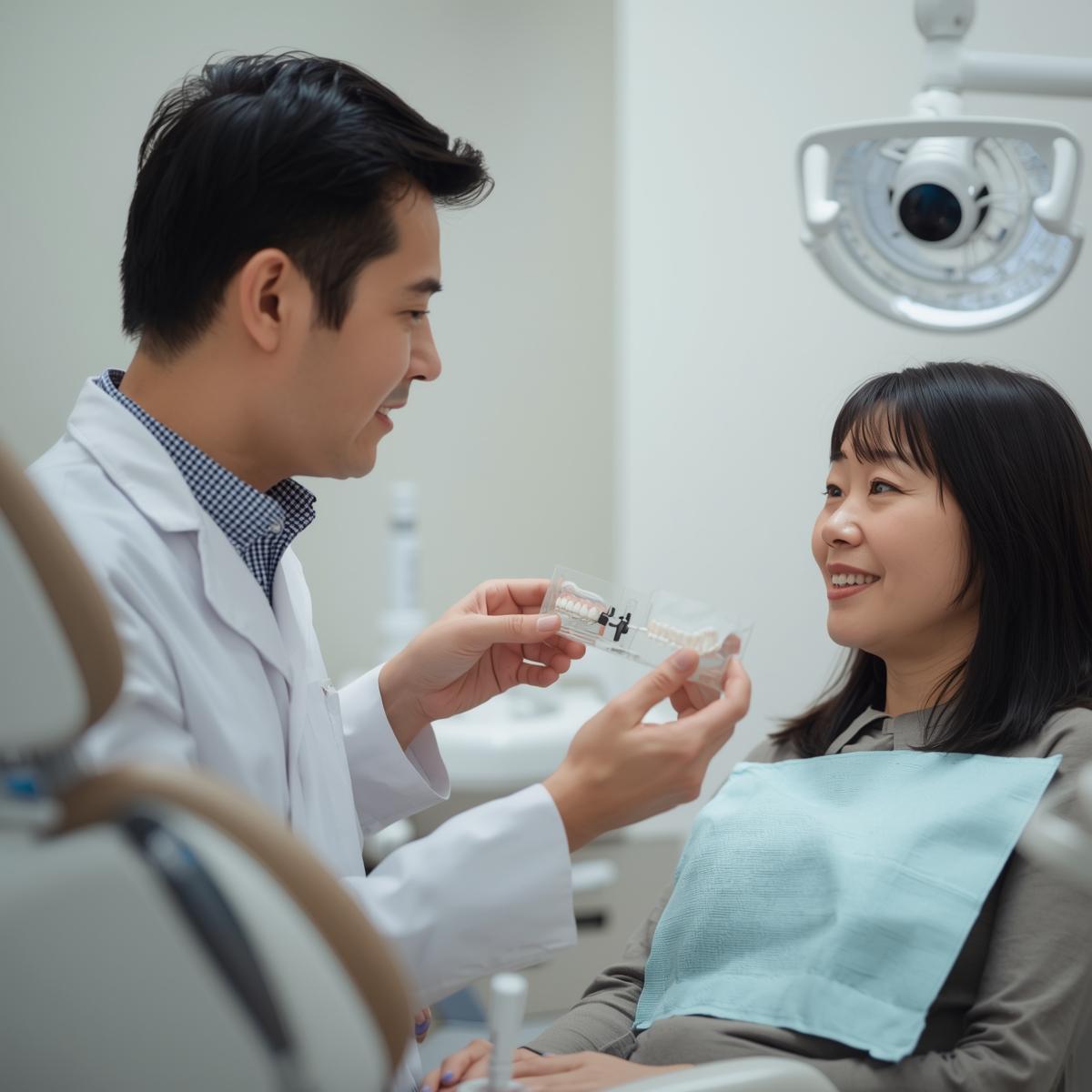 アジア人女性患者が日本人男性歯科医師から矯正治療の説明を受けている実写風イメージ、落ち着いた表情で安心感のある診療室