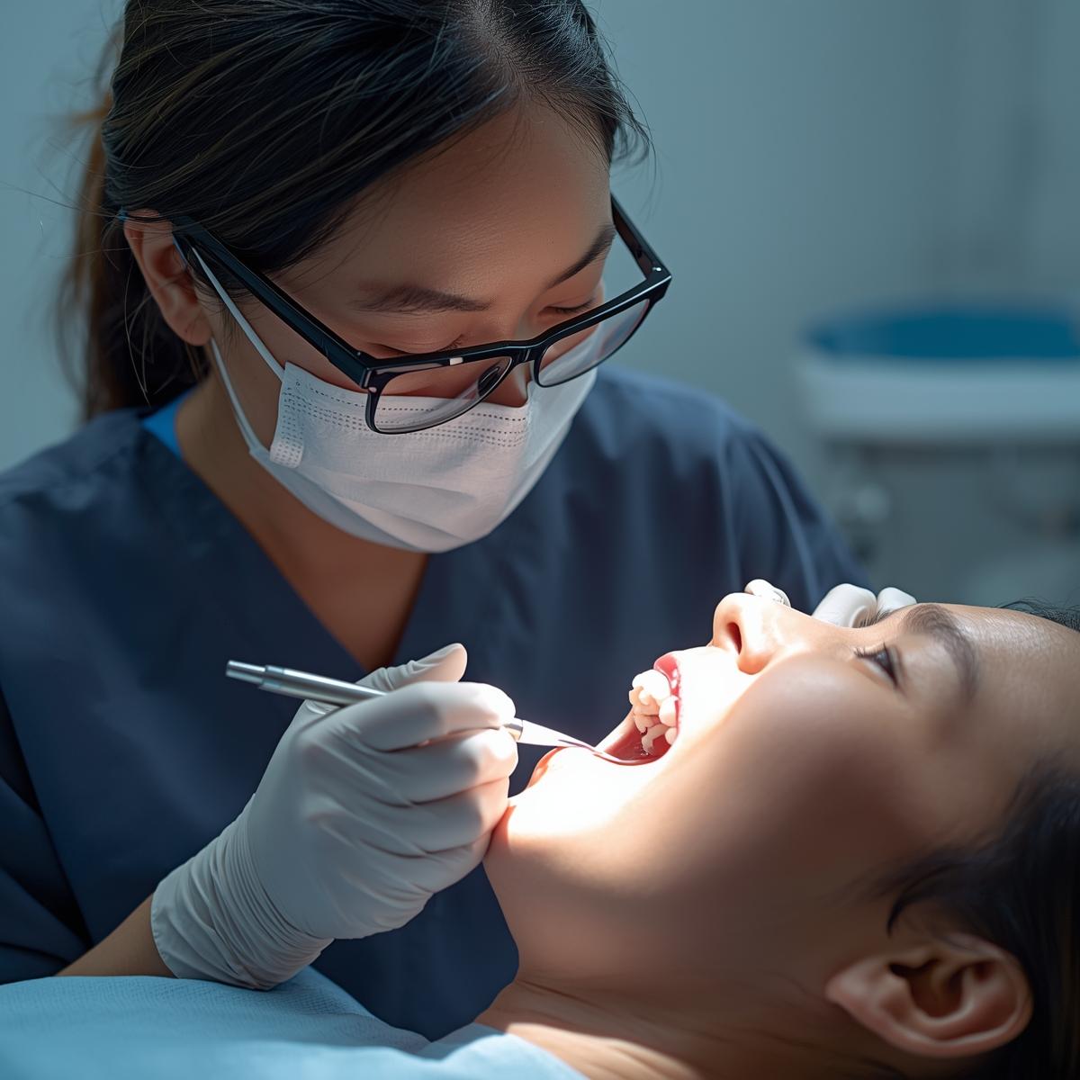 アジア人女性歯科衛生士が専用器具で歯面クリーニングを行っている実写風のメンテナンスシーン