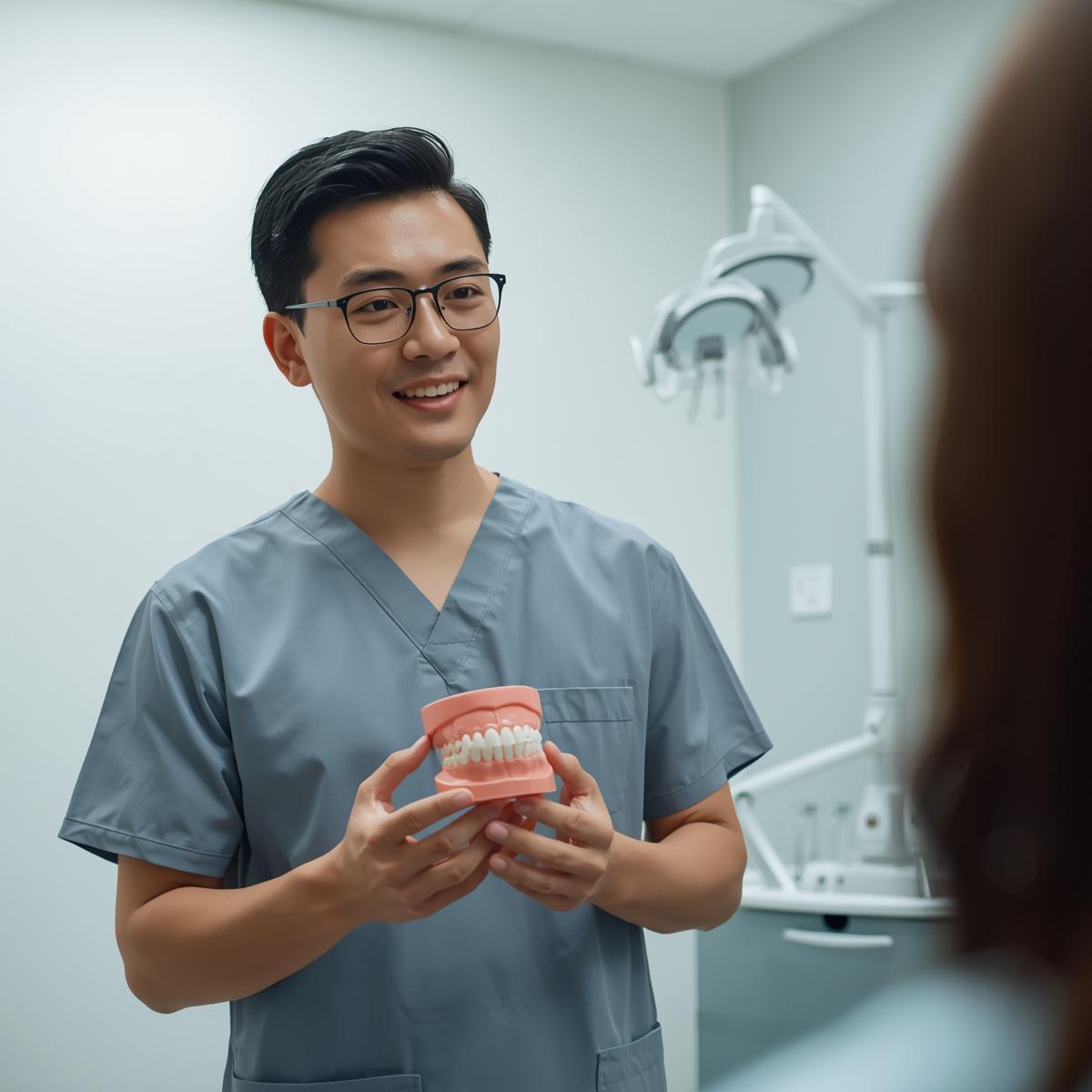 アジア人男性歯科医師が歯並び模型を使って矯正治療を説明している実写イメージ、白と淡いブルー基調の診療室