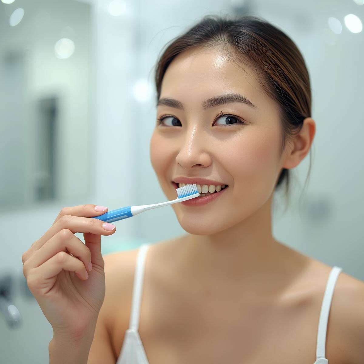 マウスピースを外して歯磨きをする様子の実写イメージ、清潔で明るい洗面スペース。アジア人女性.