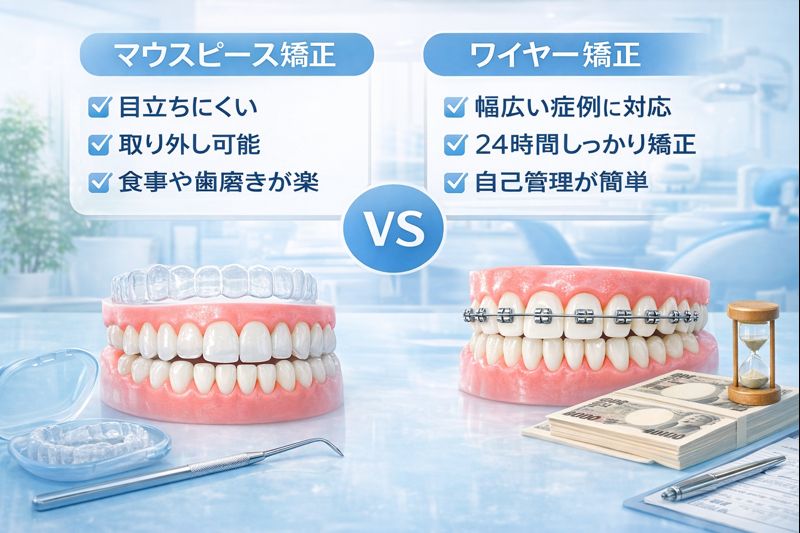マウスピース矯正とワイヤー矯正の特徴を整理したイメージ、整った歯並びと清潔感のある歯科空間