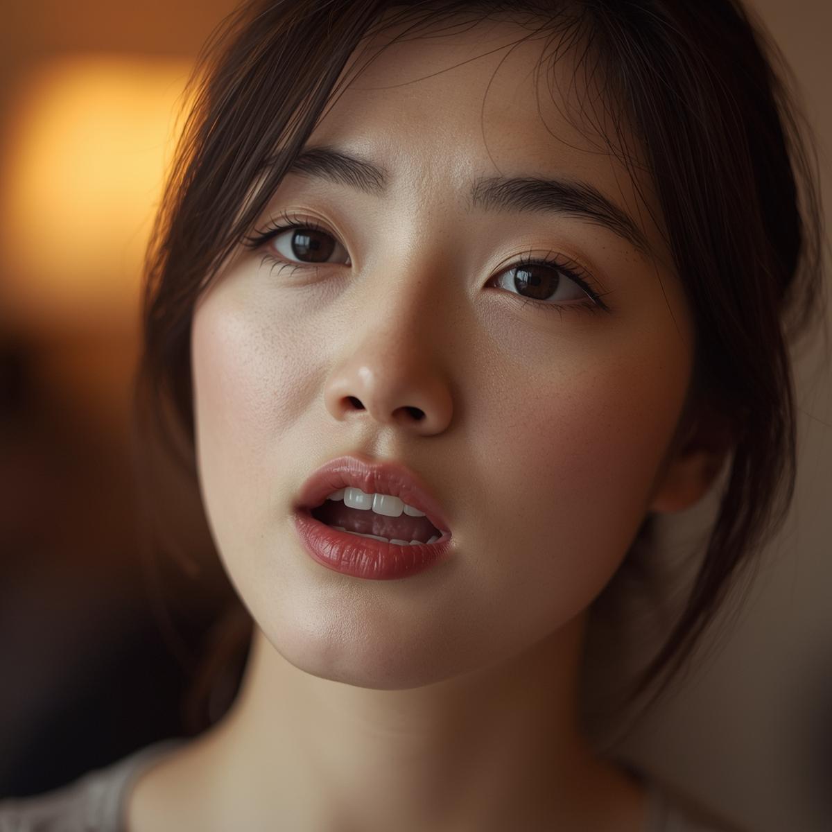 
口まわりを動かしている日本人女性.