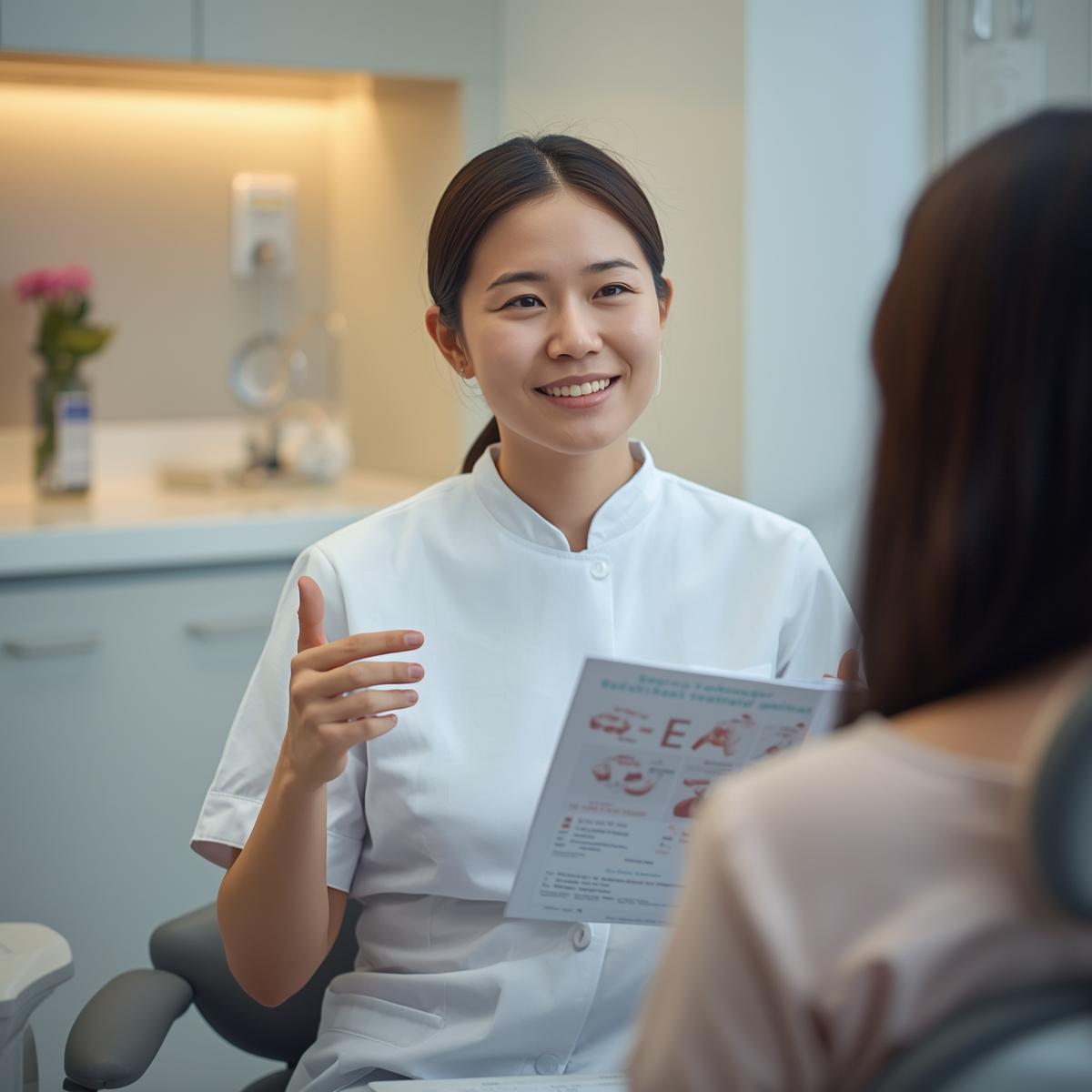 日本の歯科医院で矯正治療の目的や費用について資料を見ながら考える様子の実写風イメージ、落ち着いた歯科カウンセリング空間２