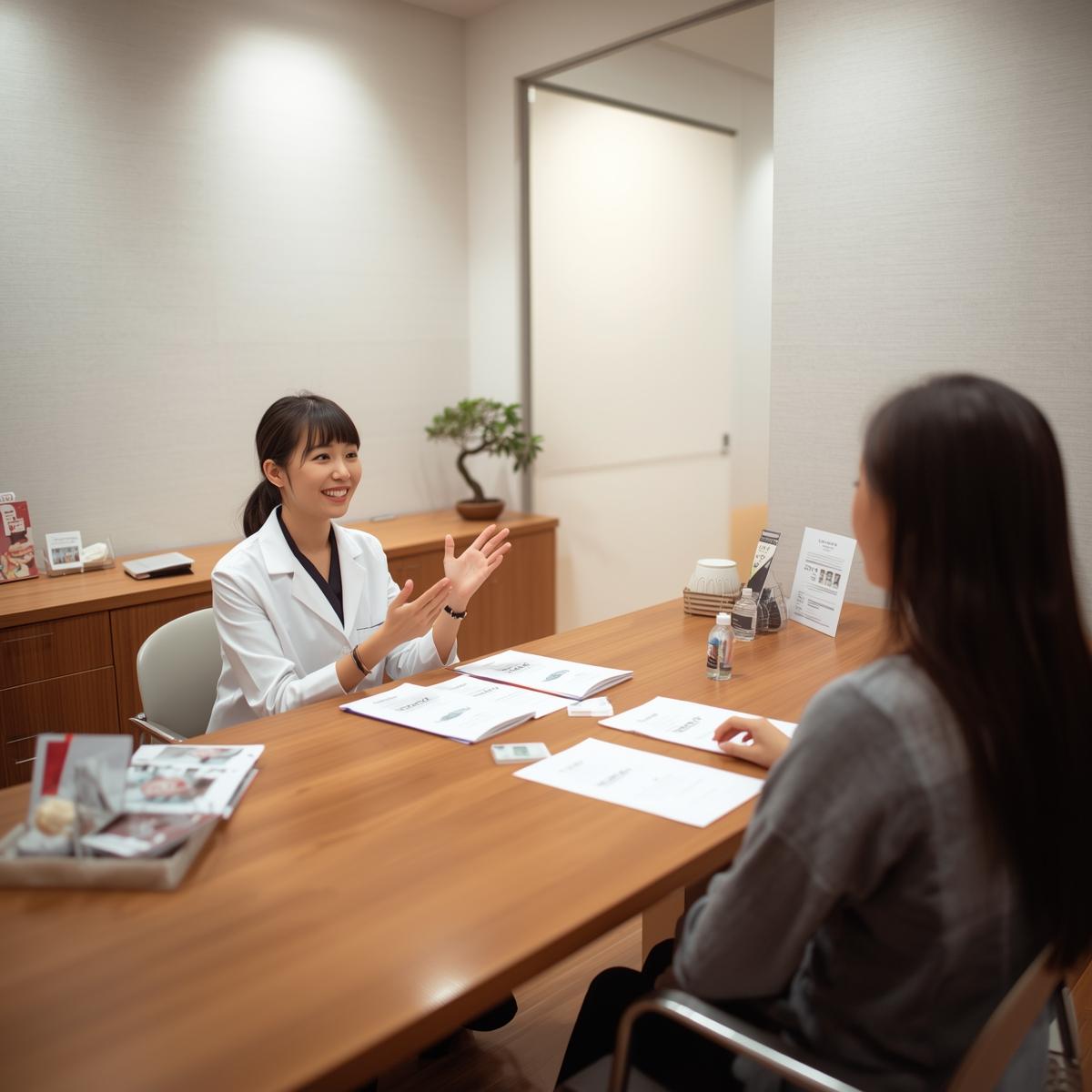 日本の歯科医院で矯正治療の費用や支払い方法について相談しているカウンセリング風景