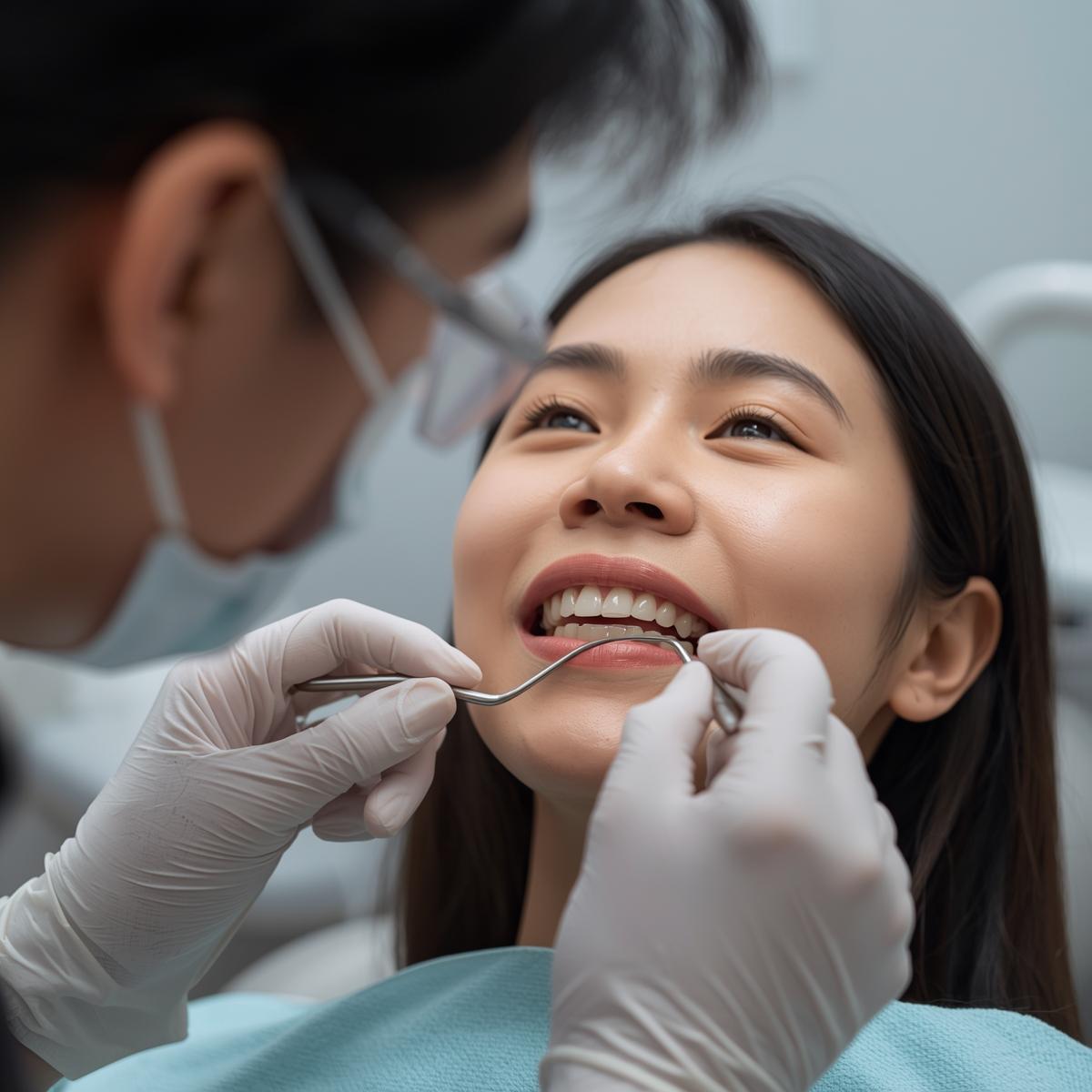 日本人男性歯科医師による口腔内チェックを受けているアジア人女性患者の実写風イメージ、安心感のある診療室