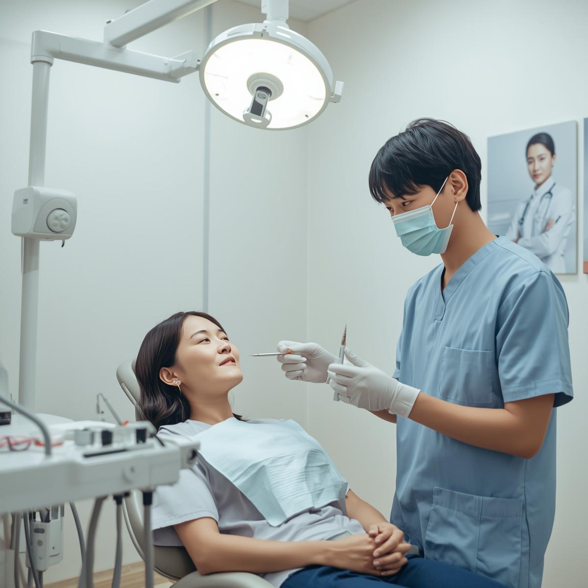 日本人男性歯科医師による口腔内チェックを受けている日本人女性患者の実写風イメージ、安心感のある診療室