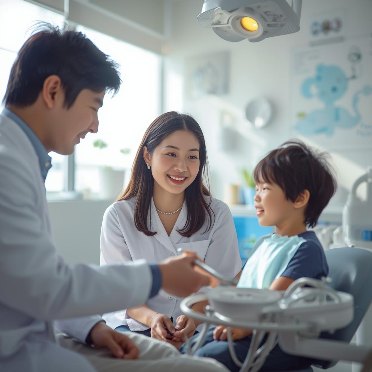 日本人親子で日本人男性歯科医師の説明を聞いている様子の実写風イメージ、明るく安心感のある小児対応の診療室