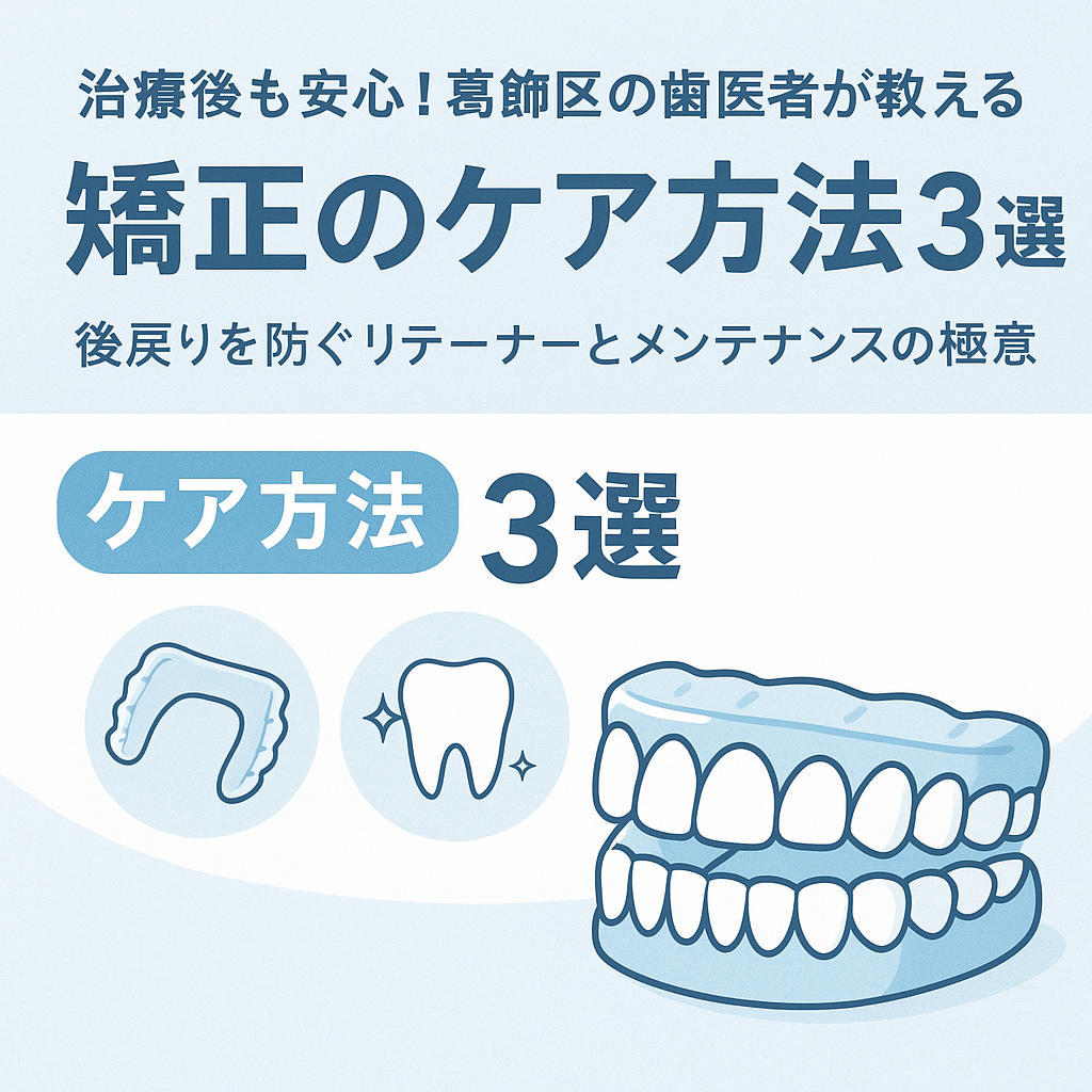白と淡いブルー基調で、リテーナーや歯のアイコンを配置した、矯正後のケア方法をわかりやすく示す清潔感のあるアイキャッチ画像