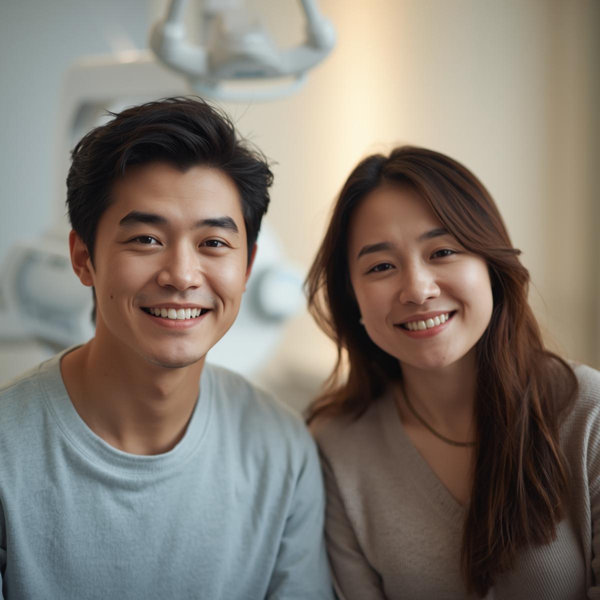 やわらかな光の診療室で自然な笑顔を見せるアジア人男女の患者のイメージ写真