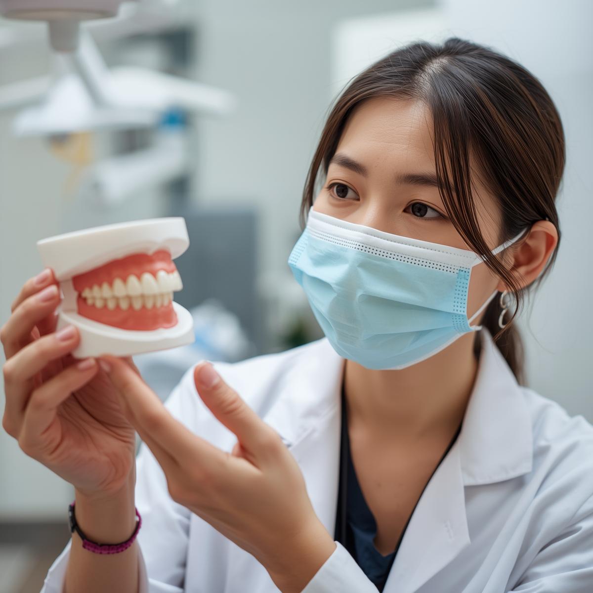 アジア人女性の横顔と歯並び模型を説明するアジア人歯科医師の様子