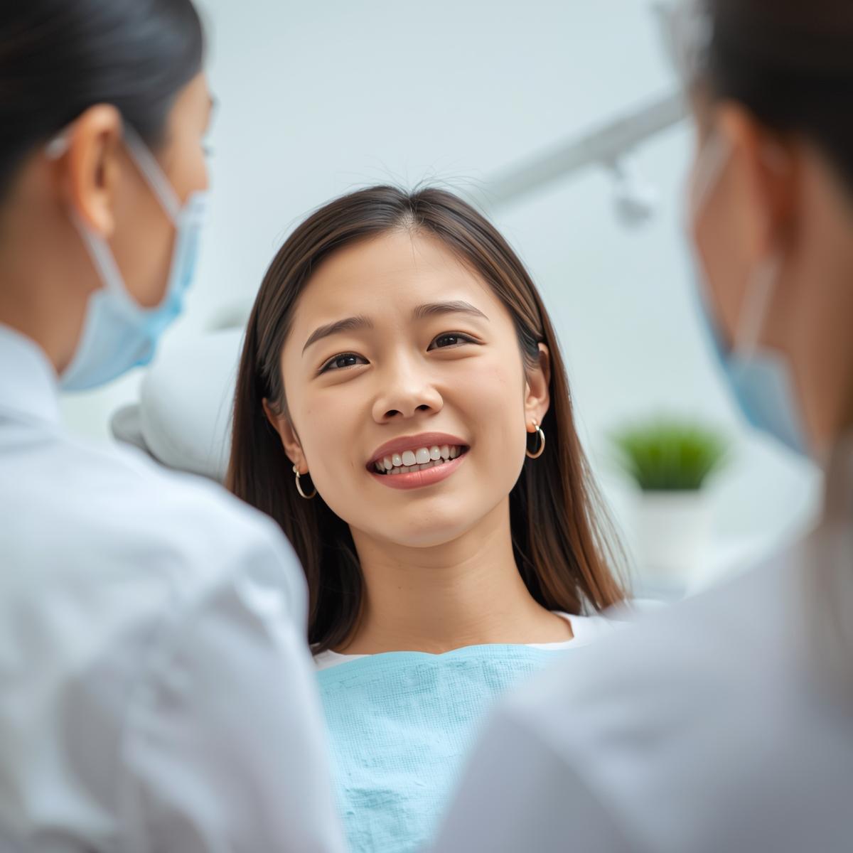 アジア人歯科医師から説明を受けながら安心した表情を見せるアジア人患者のカウンセリング風景