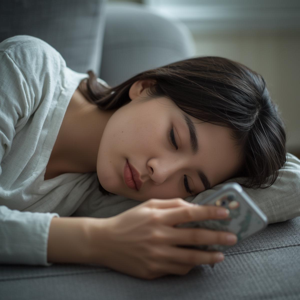 スマートフォンを見ながらうつ伏せになるアジア人女性の生活シーン