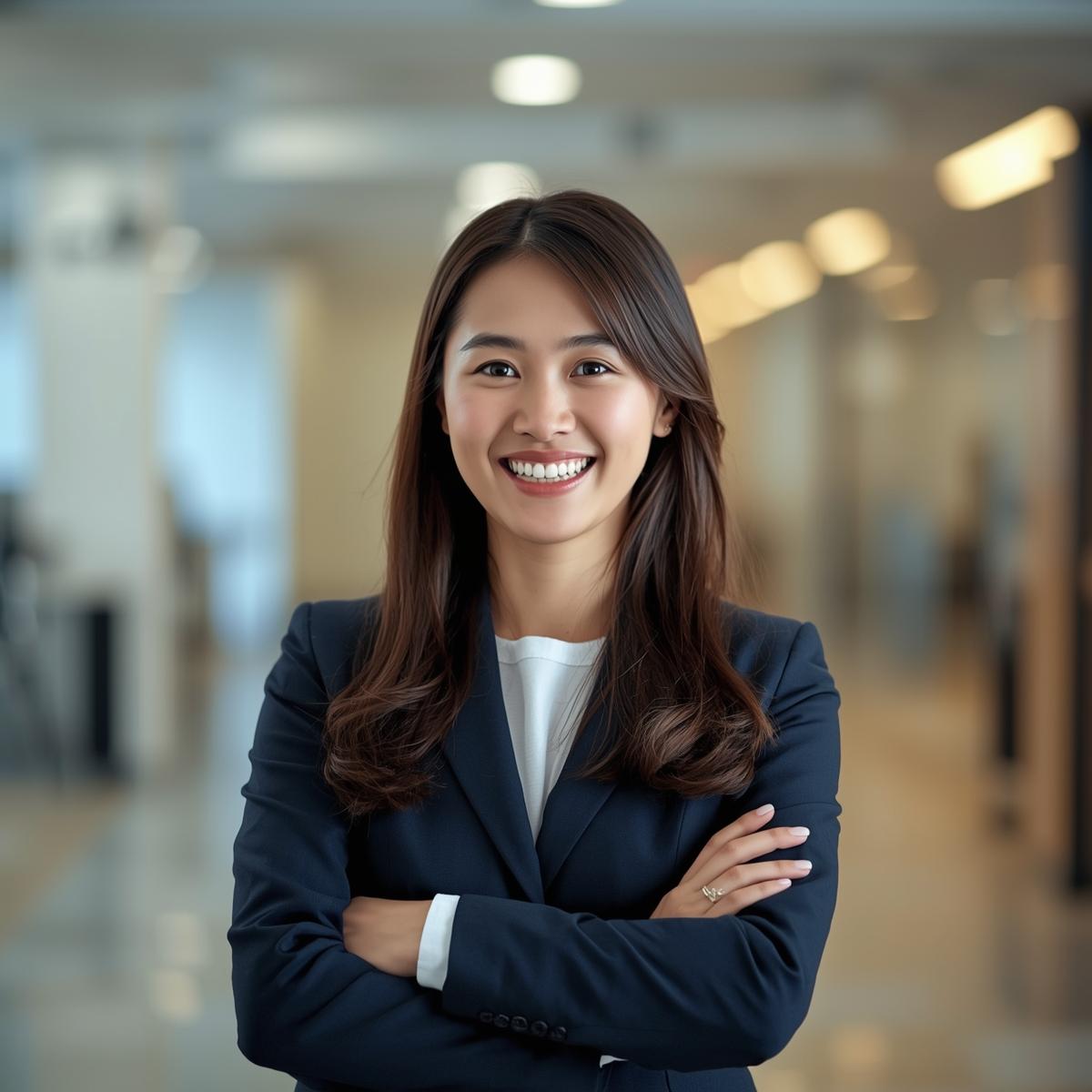 
明るいオフィスで口元を気にせず自信ある笑顔で商談するアジア人ビジネスパーソンの実写風写真