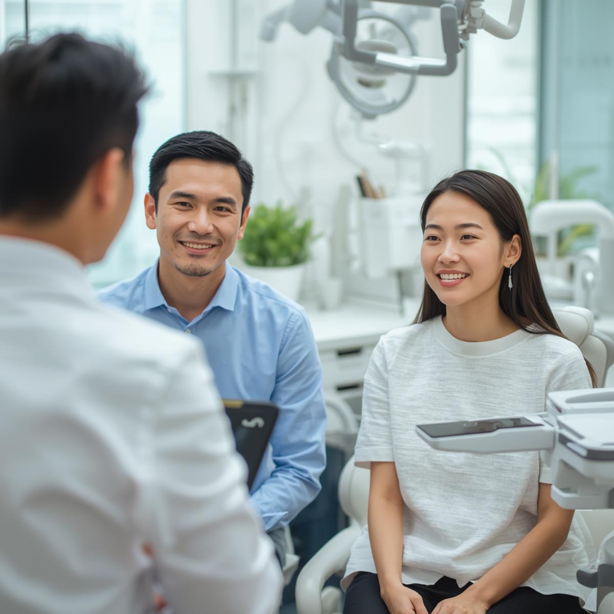 明るい診療室でカウンセリングを受けるアジア人男女とアジア人歯科医師の相談風景