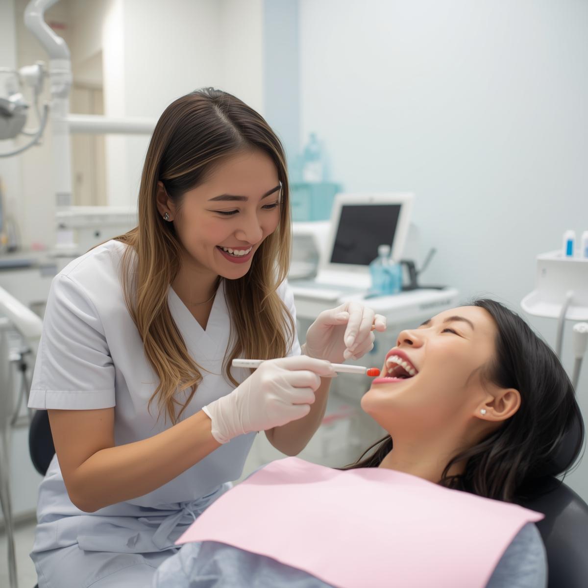 明るい診療室で口周りの体操を指導するアジア人歯科衛生士とアジア人患者