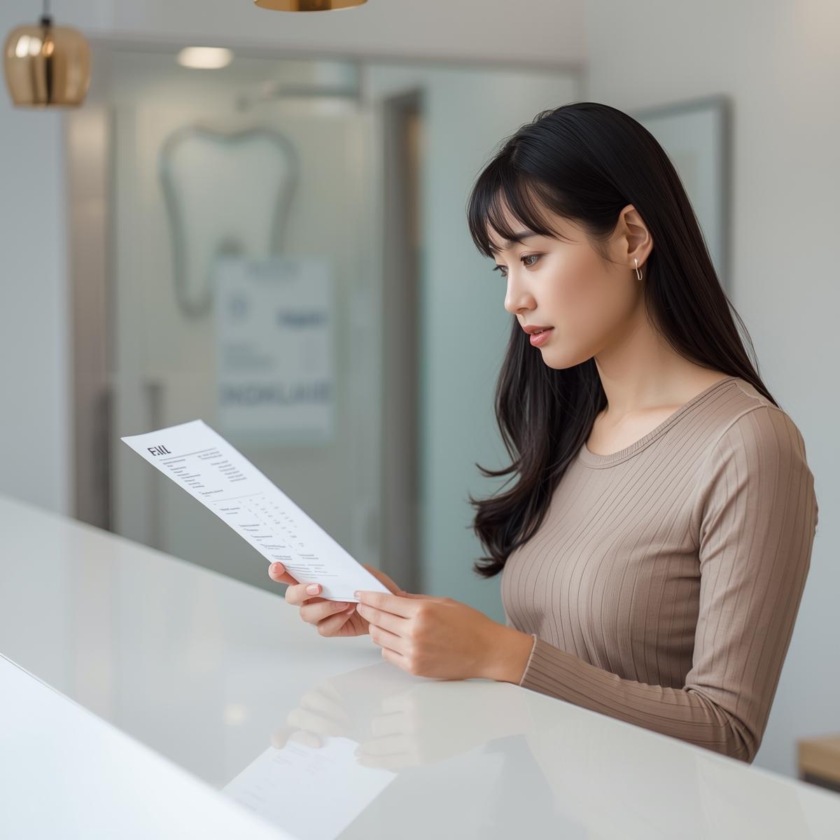 明細書を手に費用を確認するアジア人女性と歯科診療室のカウンター風景