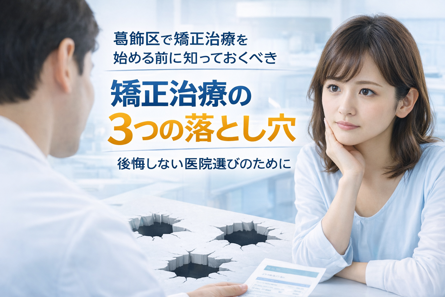 白と淡いブルーの歯科医院背景に、真剣な表情で相談する女性と「矯正治療の3つの落とし穴」文字入りビジュアル