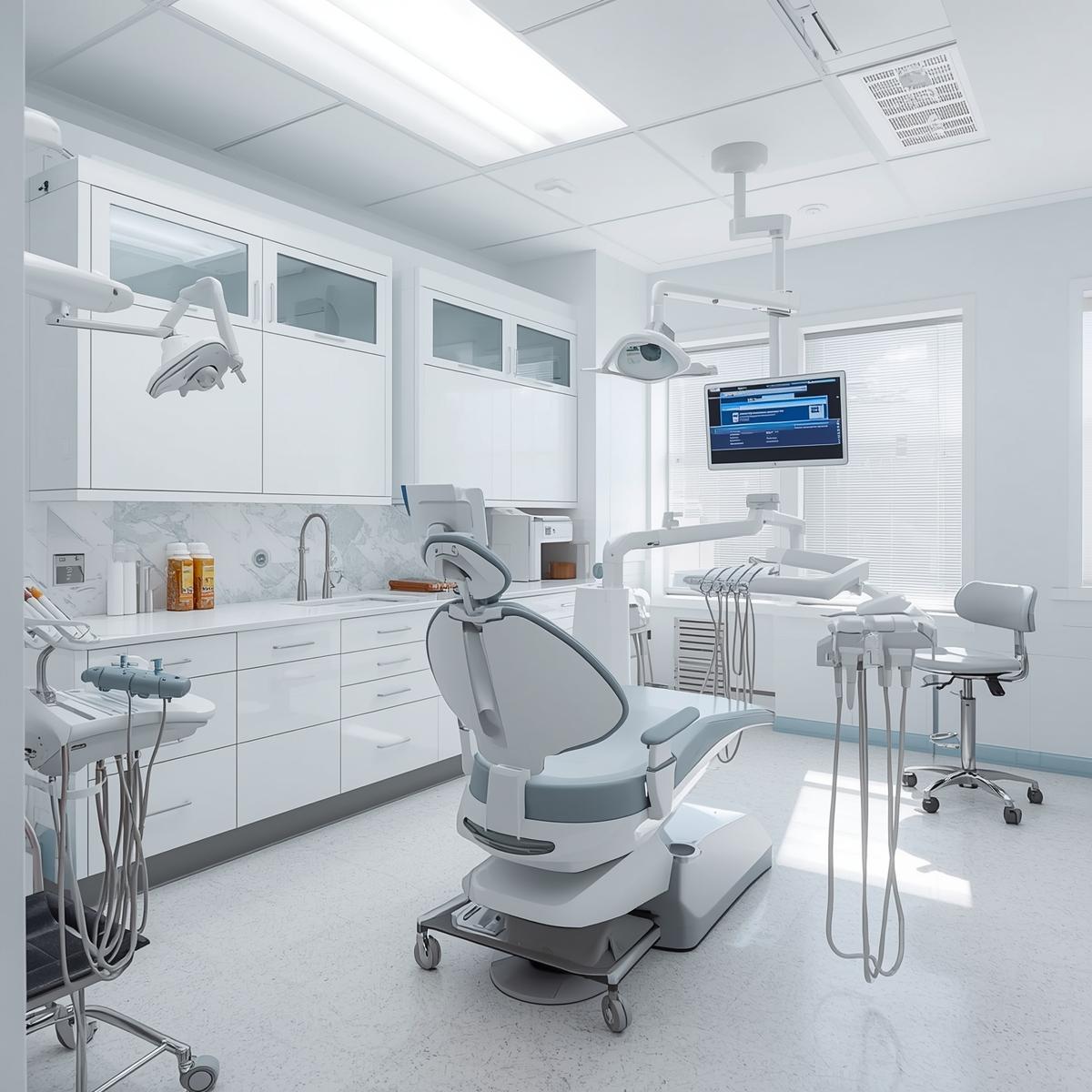 白と淡いブルーの院内で清潔なユニットと歯科器具が整然と並ぶ様子