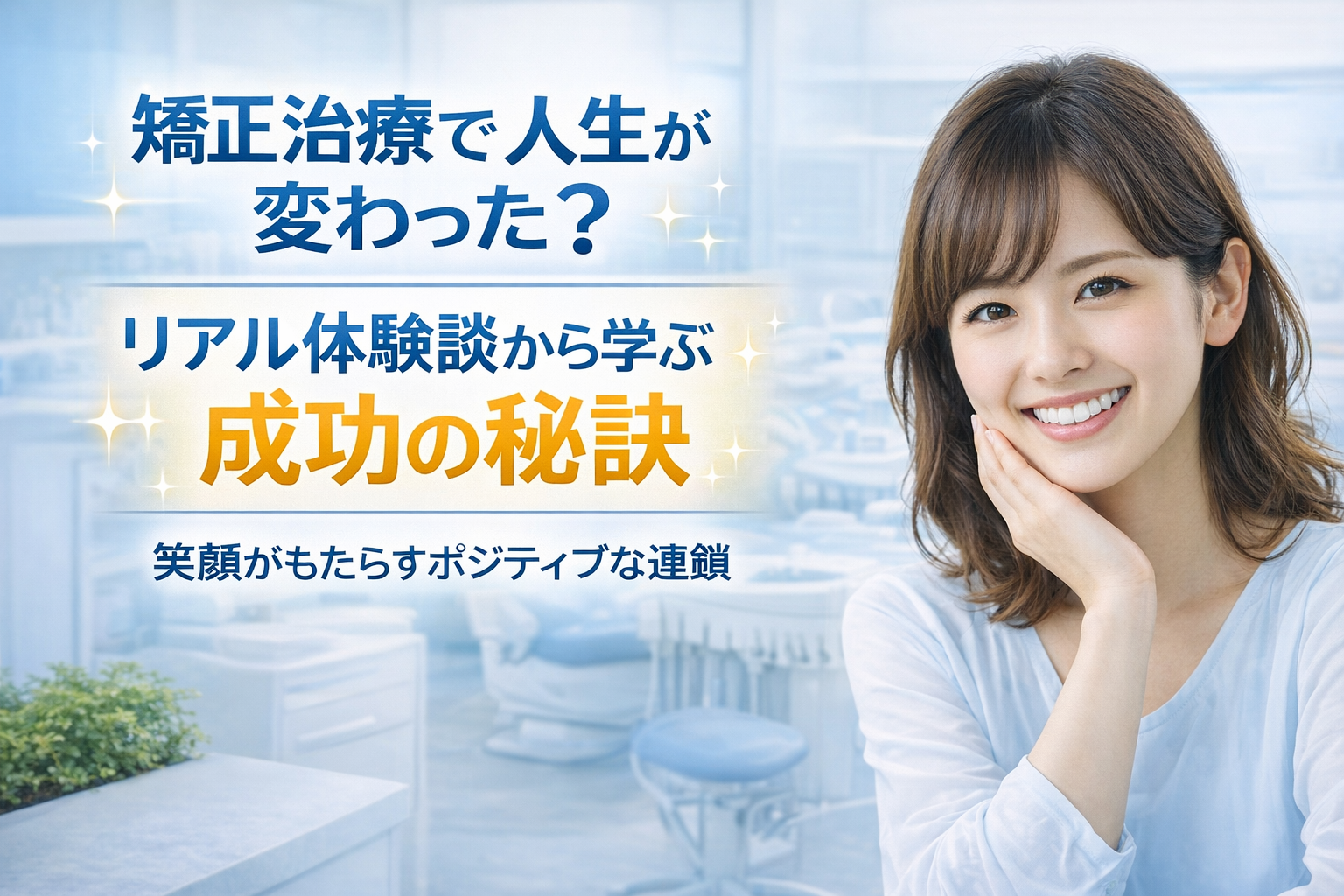 白と淡いブルー基調の歯科医院で美しい歯並びの女性が笑顔を見せる写真とタイトル文字入りビジュアル