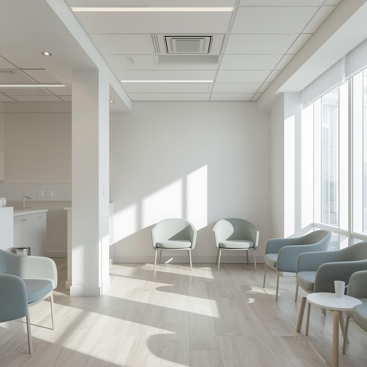 白と淡いブルー基調の清潔な歯科医院の待合室と差し込むやわらかな明るい自然光