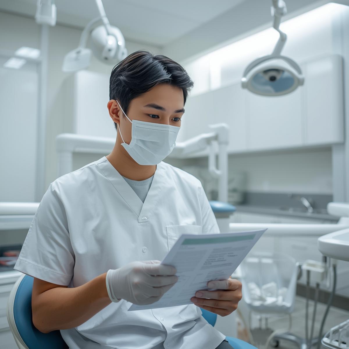 白と淡いブルー基調の清潔感ある診療室でカウンセリングシートを確認するアジア人歯科医師の実写風写真