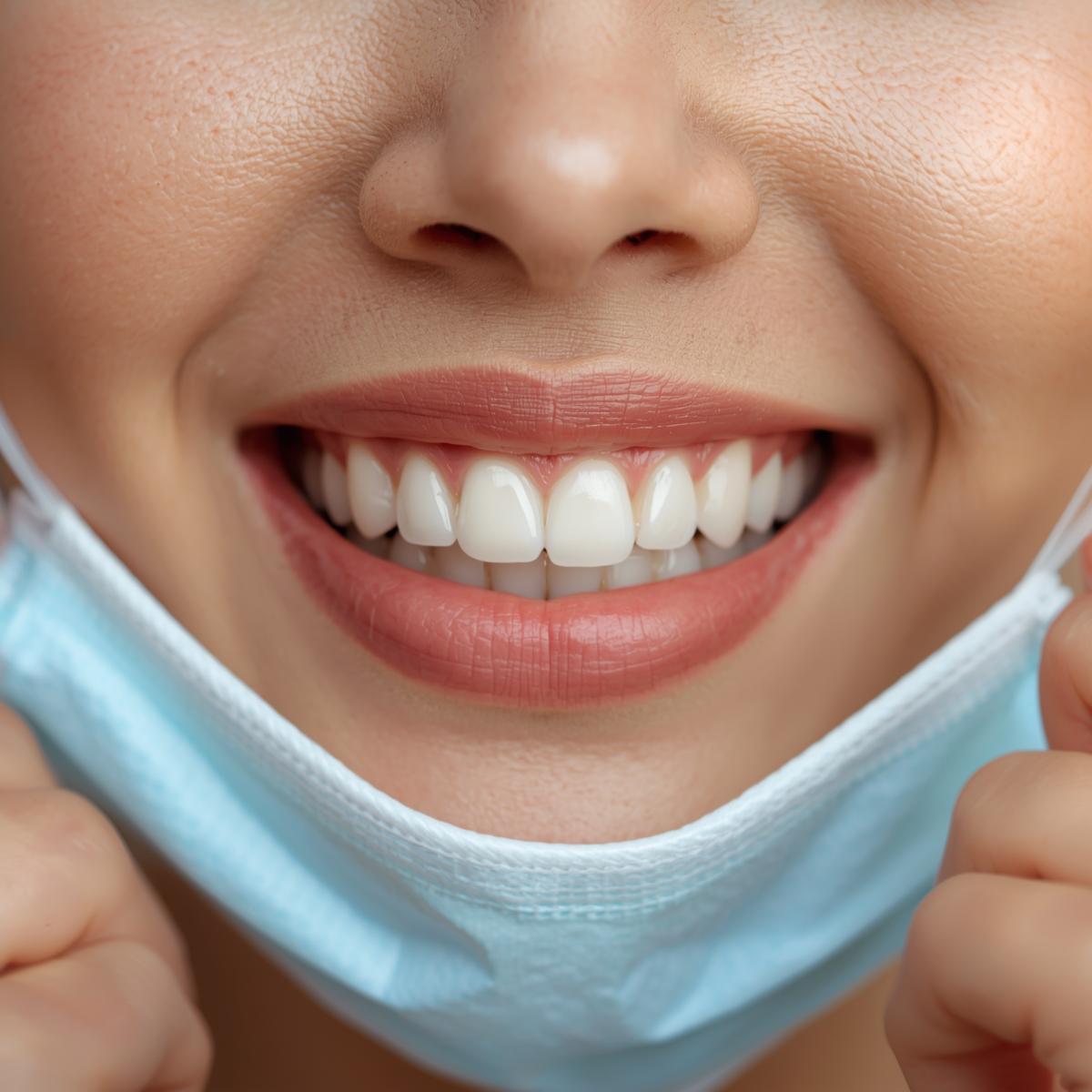 自然光の中でマスクを外し、整った歯並びで微笑むアジア人女性の口元アップ