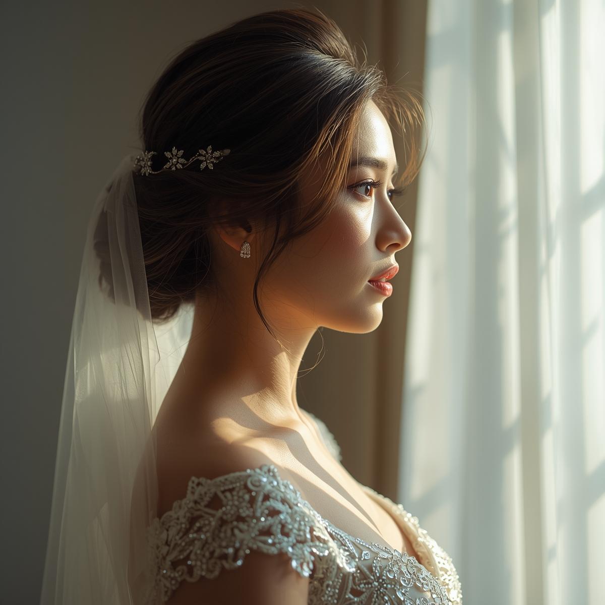 自然光の中で整った横顔を見せるウェディングドレス姿のアジア人女性の実写風写真