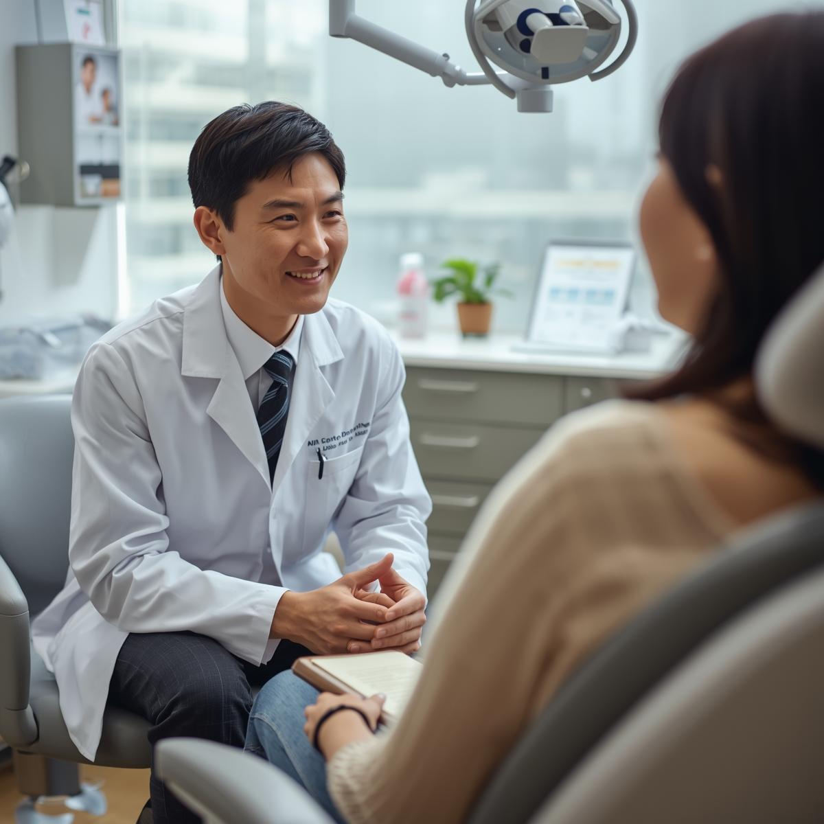 診療室でアジア人歯科医師と向き合い説明を受けるアジア人患者のカウンセリング風景３