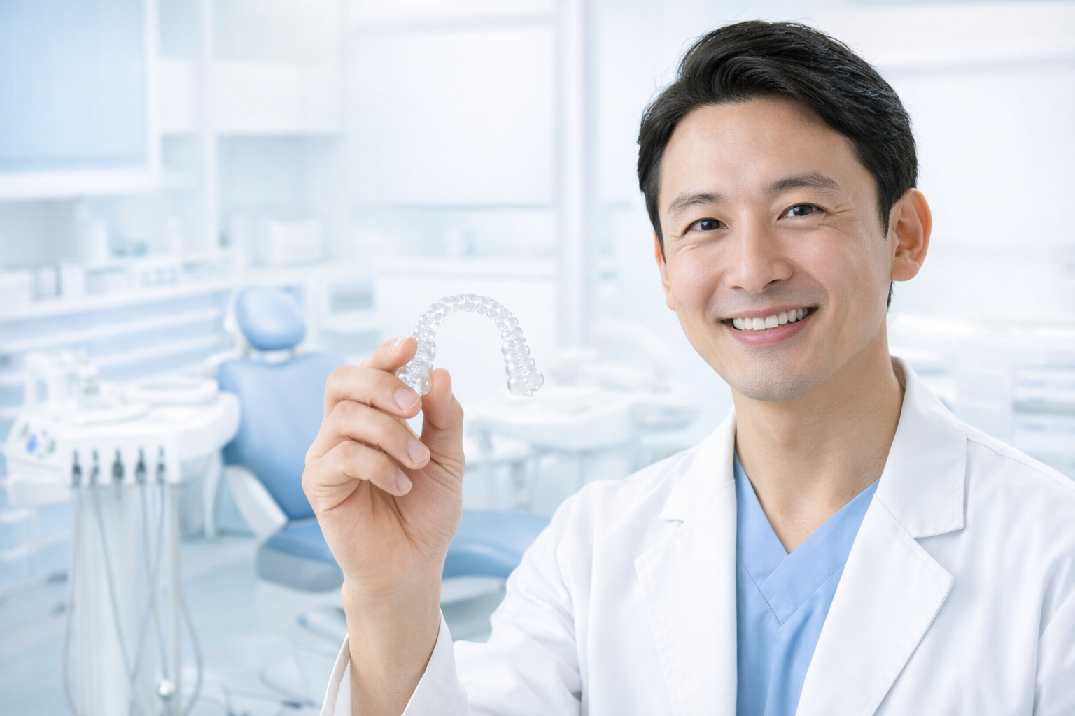 透明なマウスピース矯正装置を手に持つ歯科医師と清潔感のある診療室
