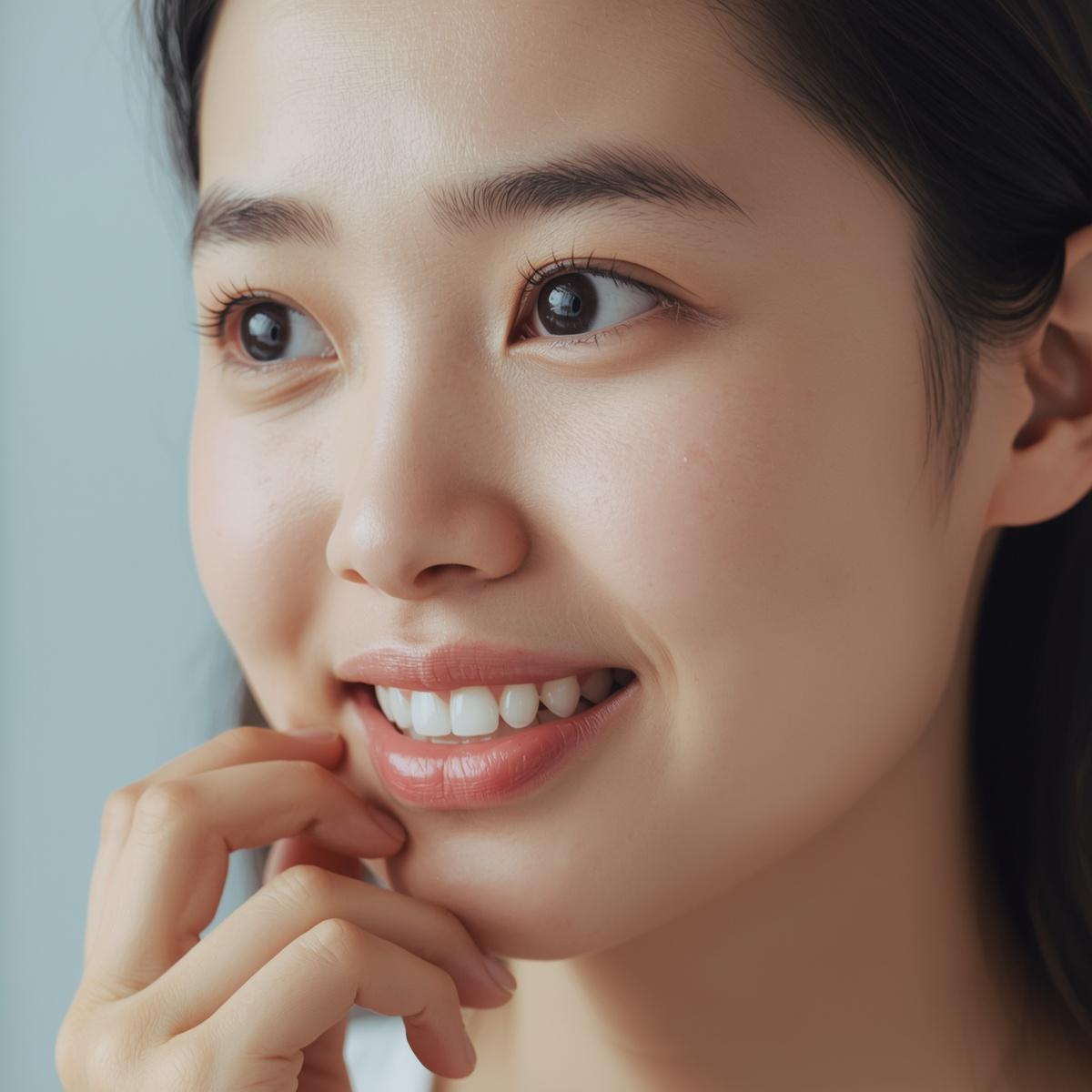 アジア人女性が「すきっ歯」をながめている