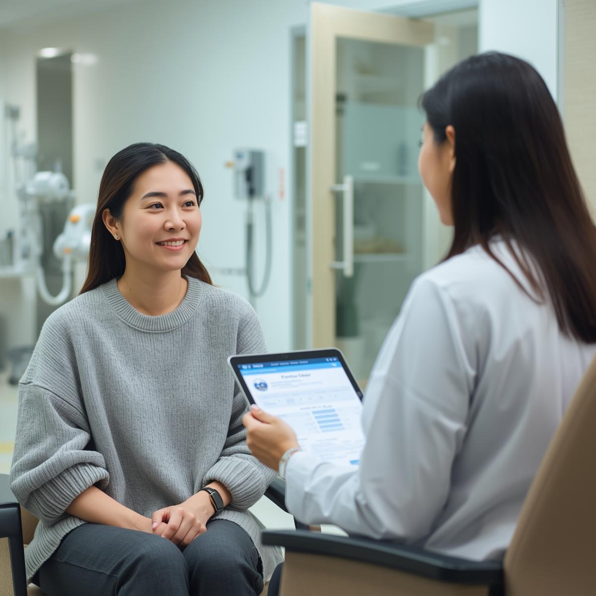 アジア人女性患者がアジア人女性医師から費用説明を受けている