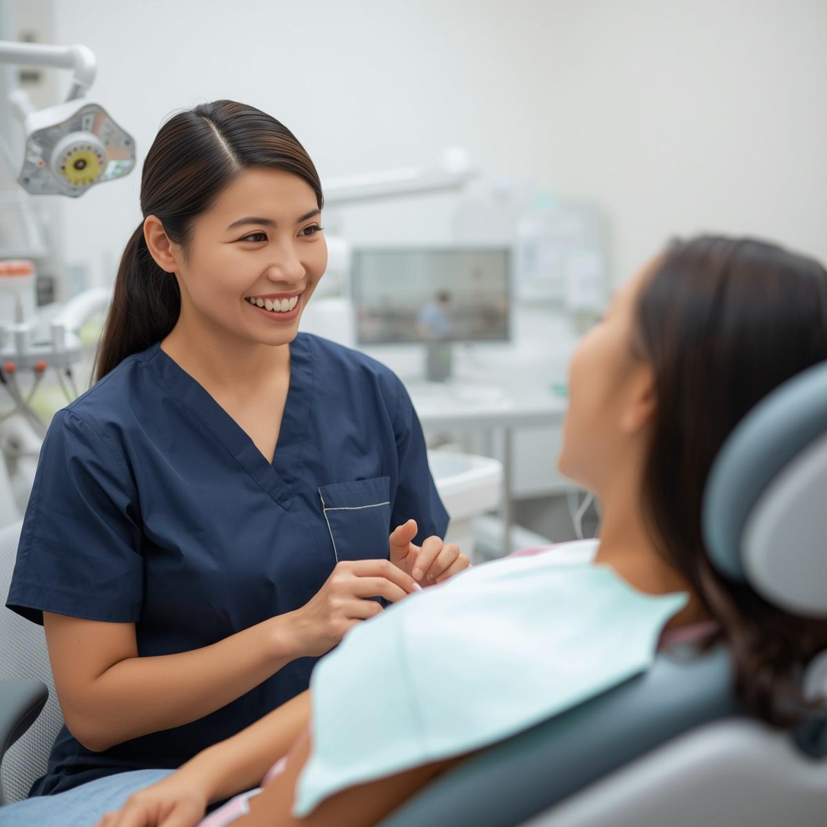 アジア人女性歯科医が患者の質問する