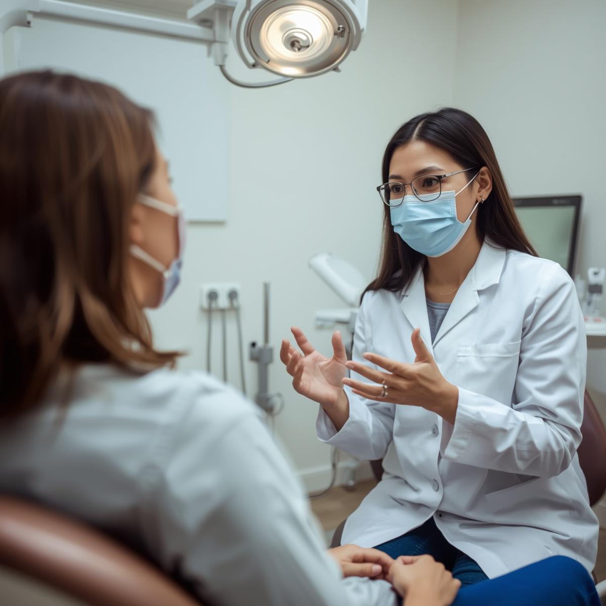 アジア人女性歯科医と相談する30代アジア人女性