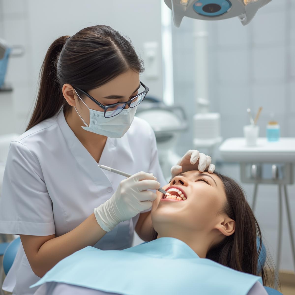 アジア人女性歯科衛生士による口腔ケア。患者一人スタッフ一人