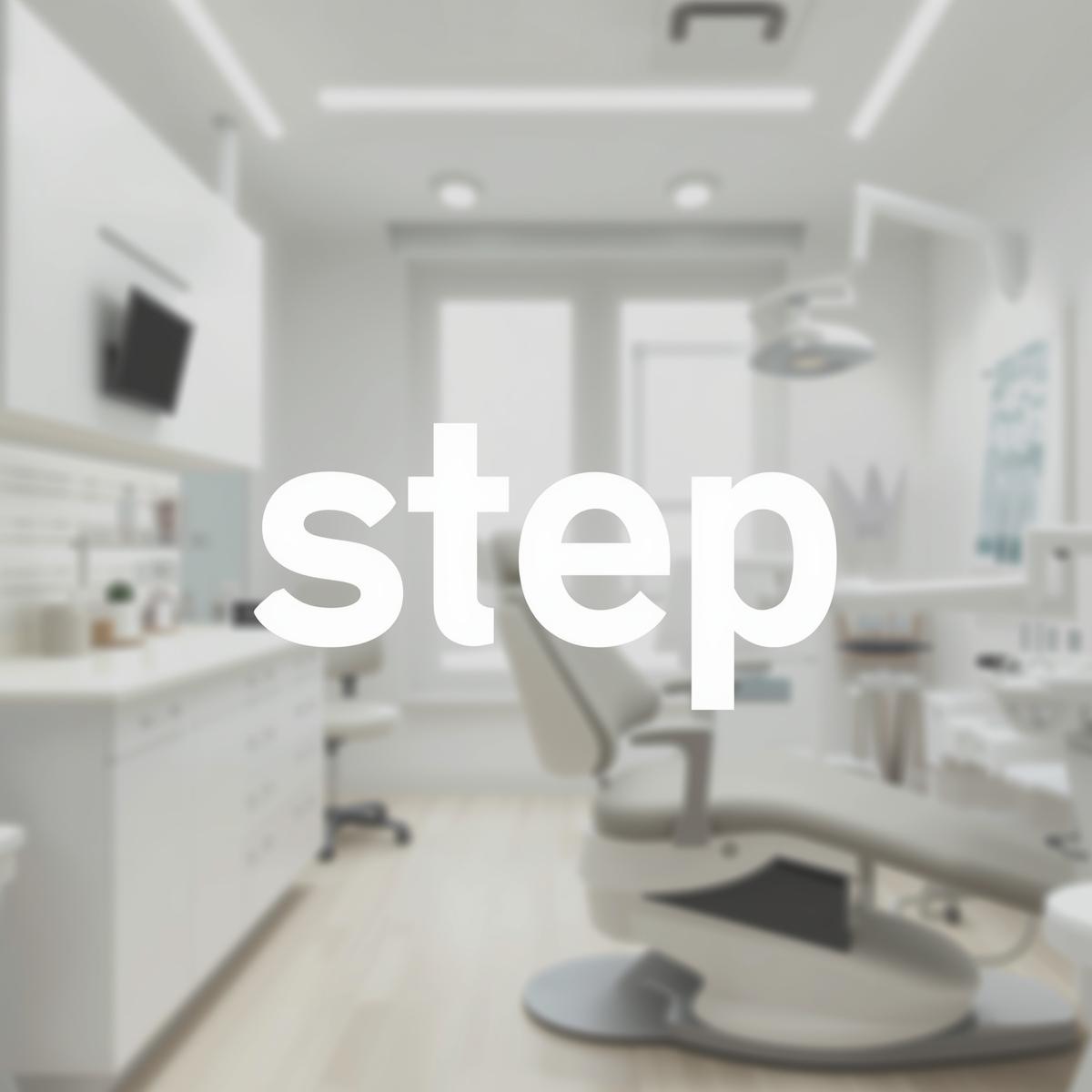 アルファベットでSTEPのロゴ。清潔感があり親しみやすい。背景は歯科医院の診察室
