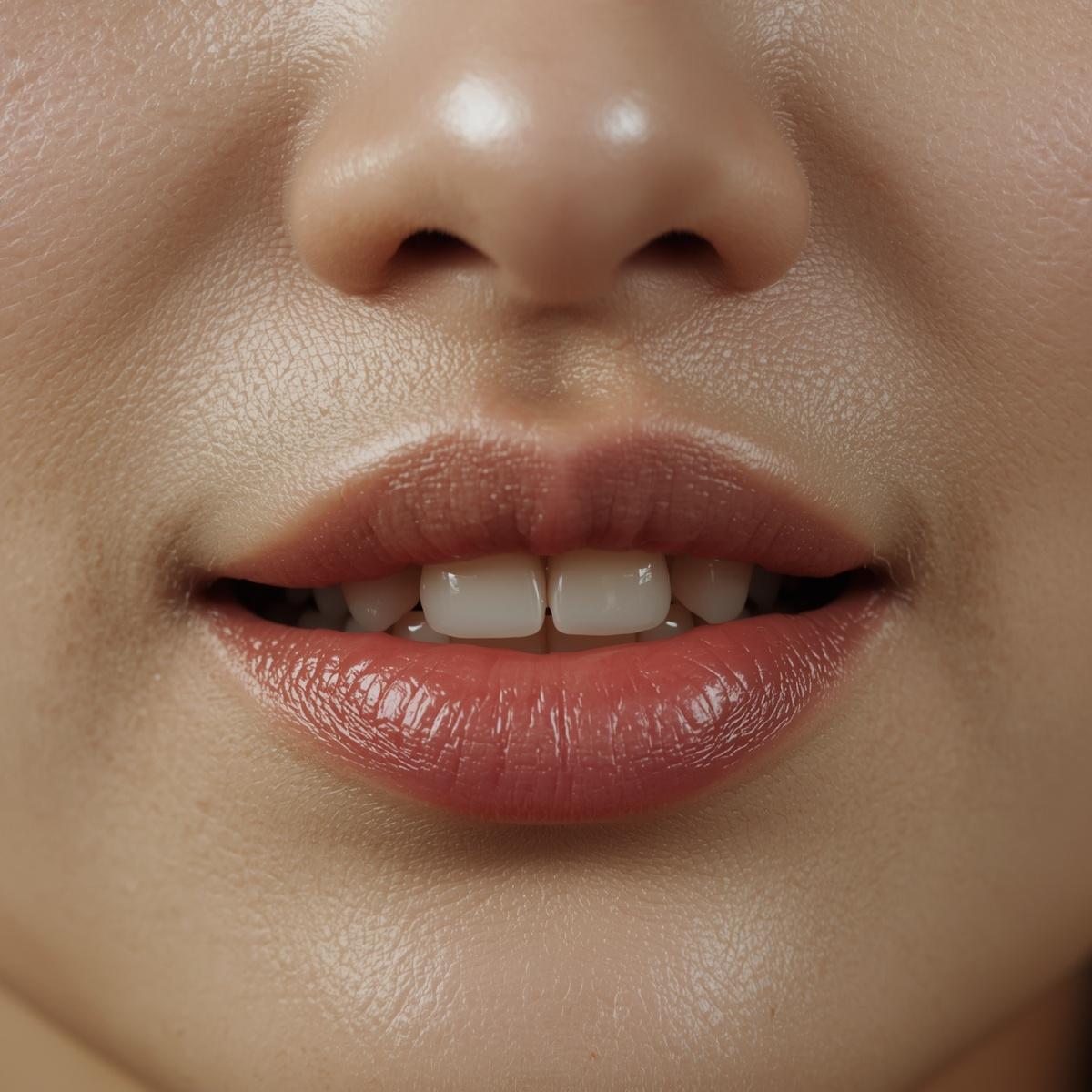 前歯の突出を確認するアジア人女性の口元