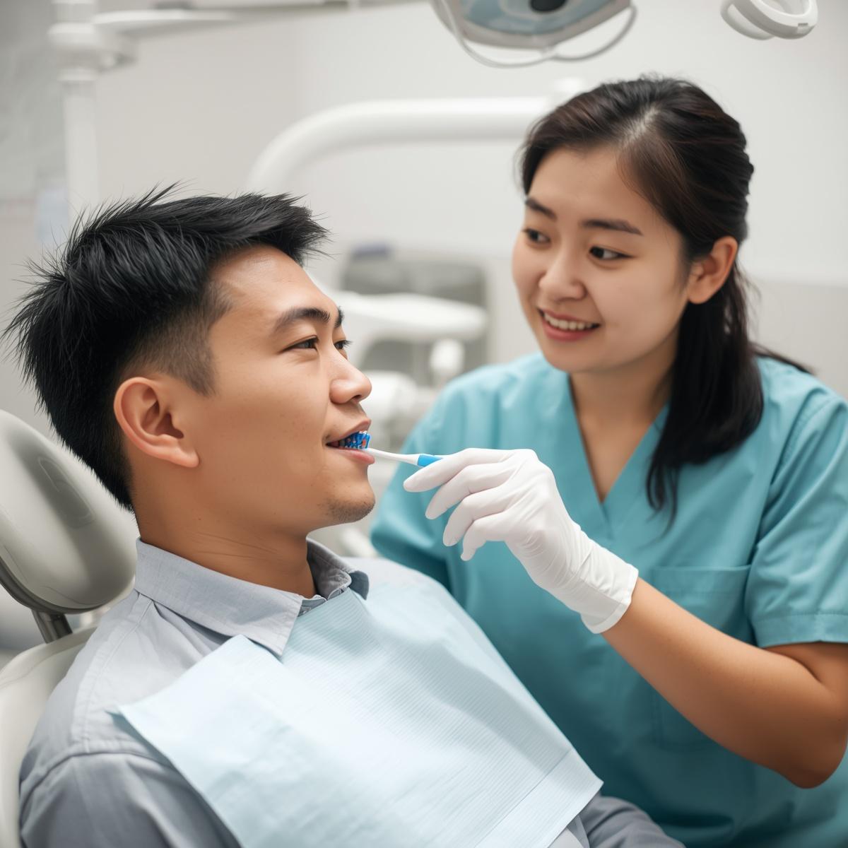 女性スタッフに歯磨き指導を受けるアジア人男性患者