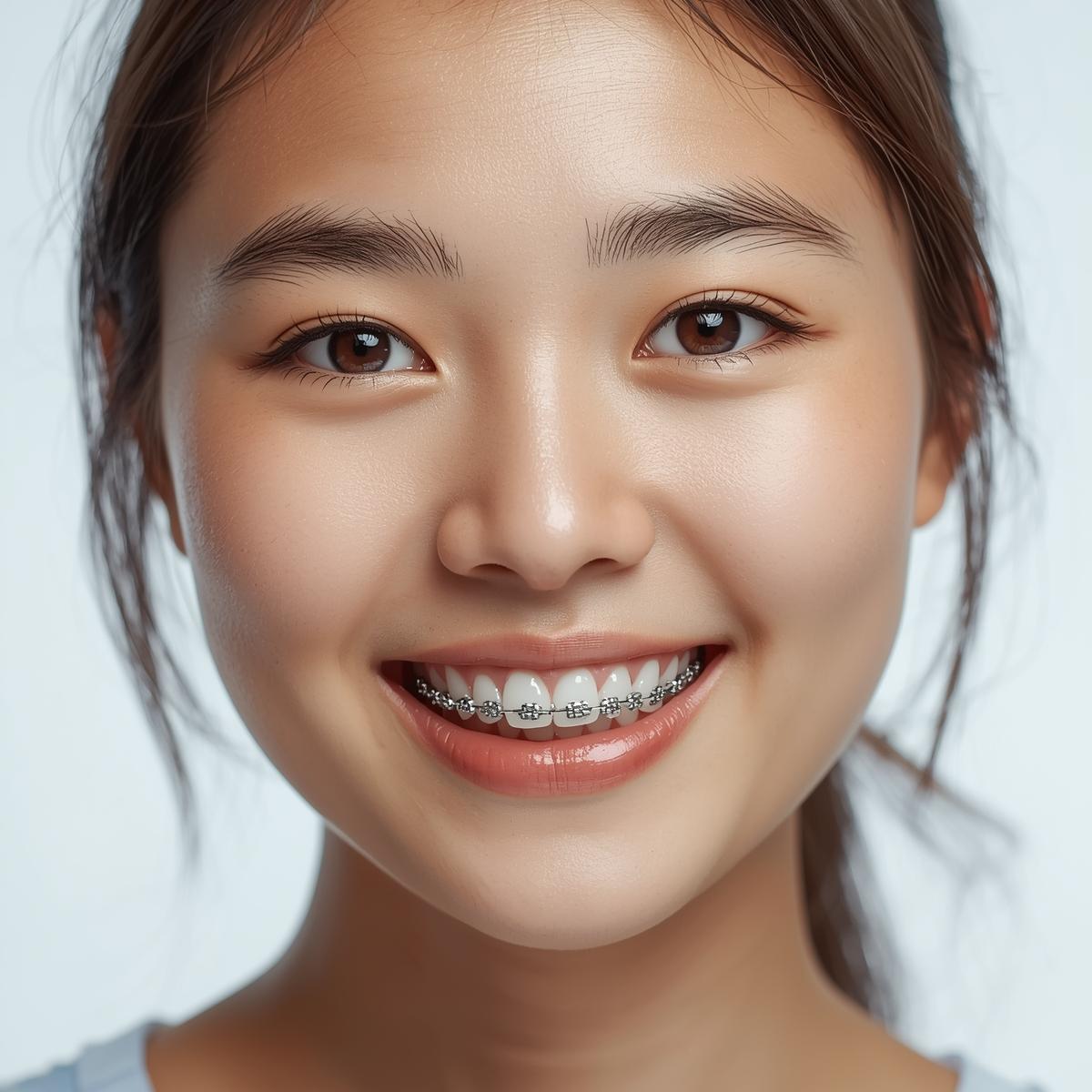 歯並びとワイヤー矯正比較。ワイヤー矯正中の若いアジア人女性