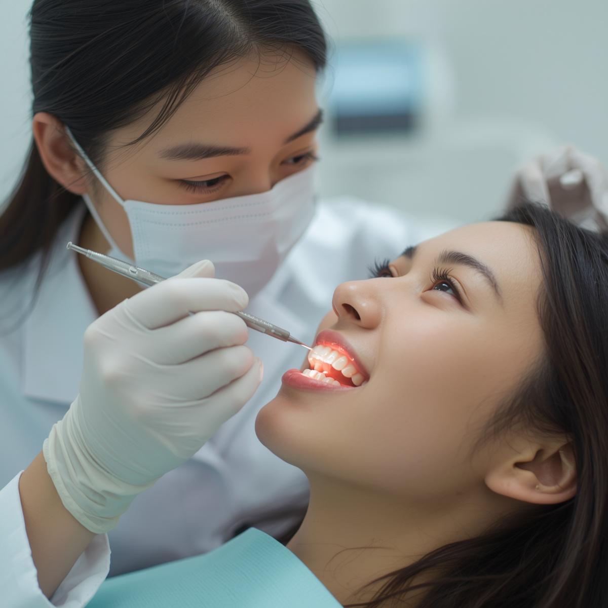 歯並びを確認するアジア人女性患者とアジア人女性歯科医