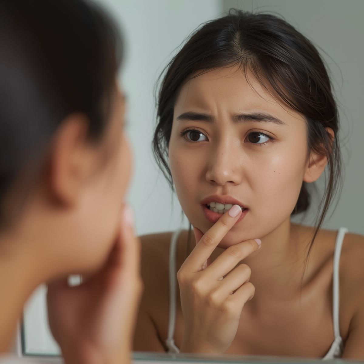 歯並びを鏡で気にするアジア人女性