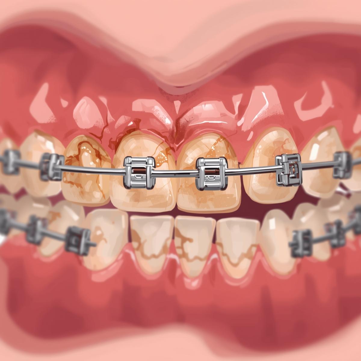 歯垢が付着した矯正装置のイラストイメージ。リアル過ぎず少しぼかして