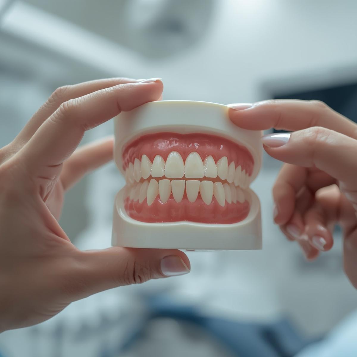歯模型で適応説明する歯科医師の手元