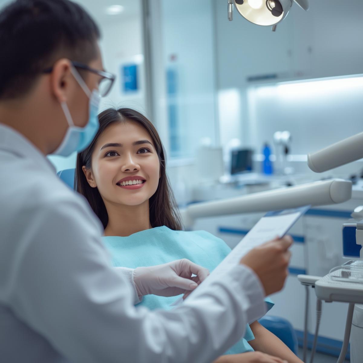 歯科医院で説明を受ける様子。アジア人患者とアジア人歯科医