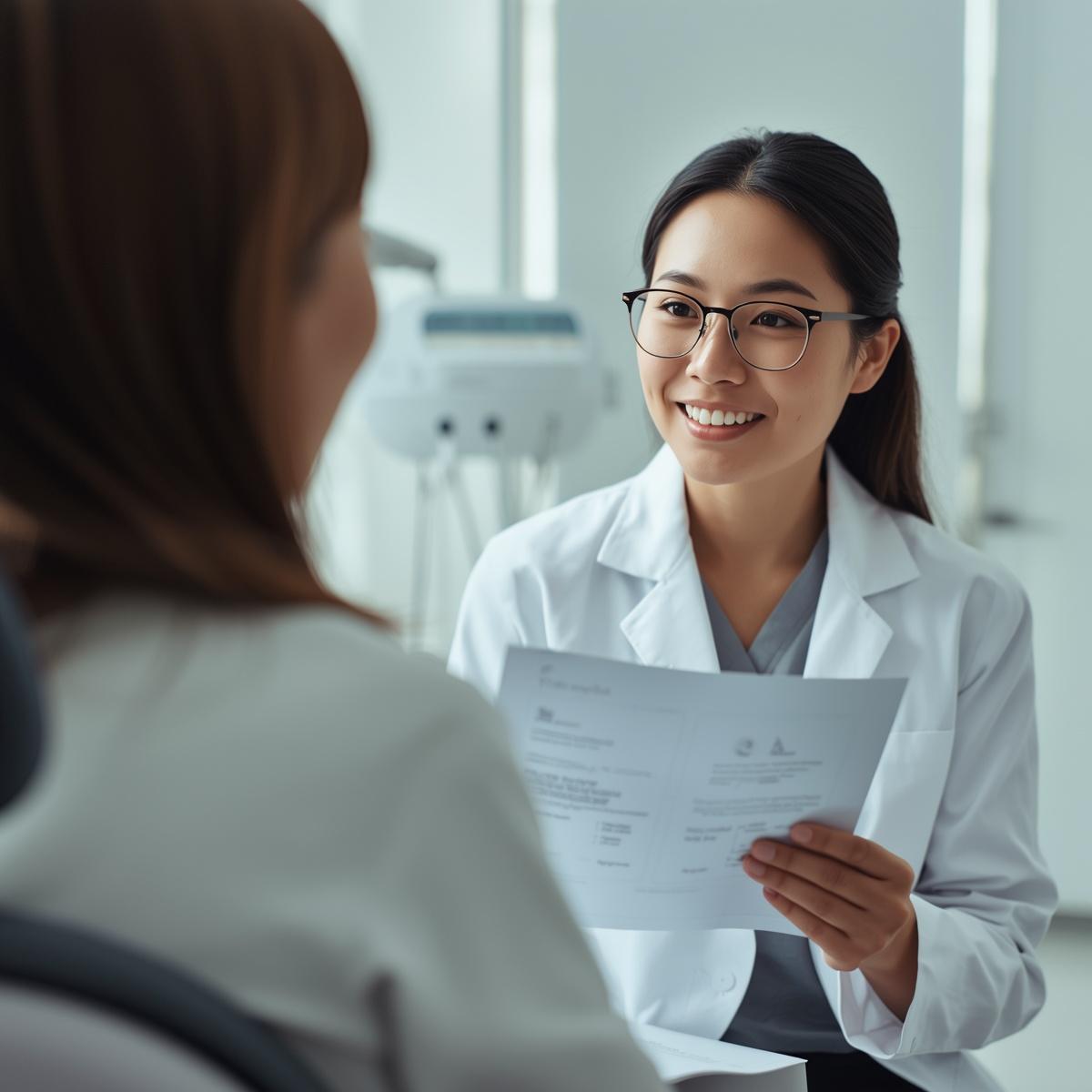 歯科治療プランを相談するアジア人女性歯科医師とアジア人女性患者