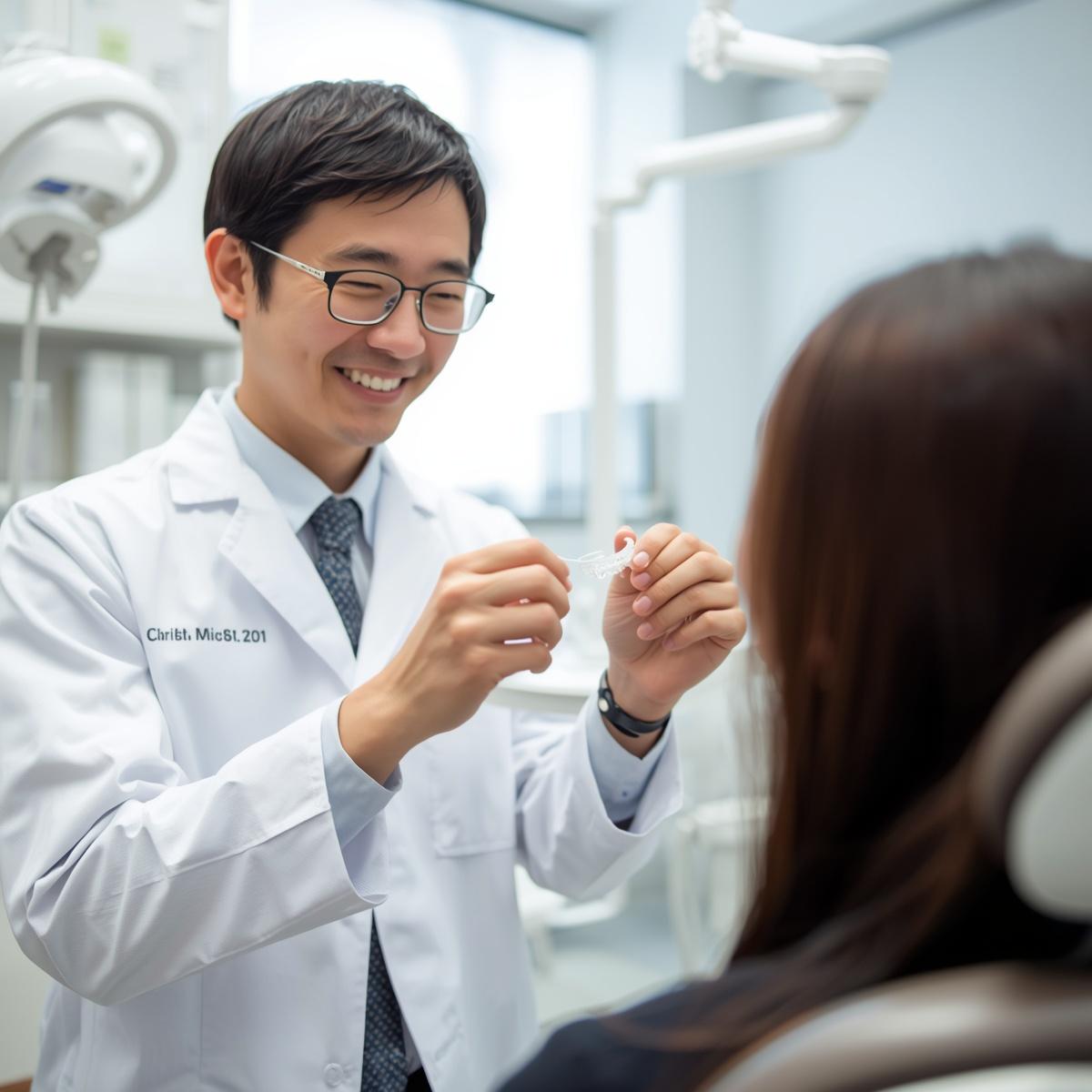 歯科矯正マウスピースについて説明する日本人医師.