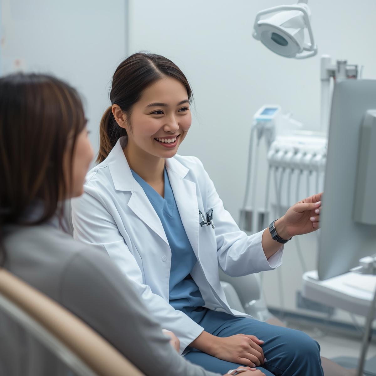 治療内容を相談するアジア人女性患者とアジア人女性歯科医師