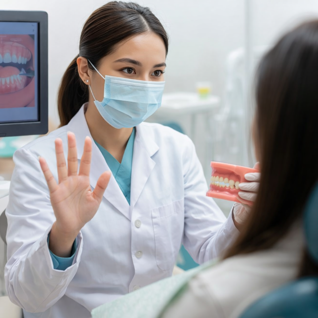 口元の状態を説明するアジア人女性歯科