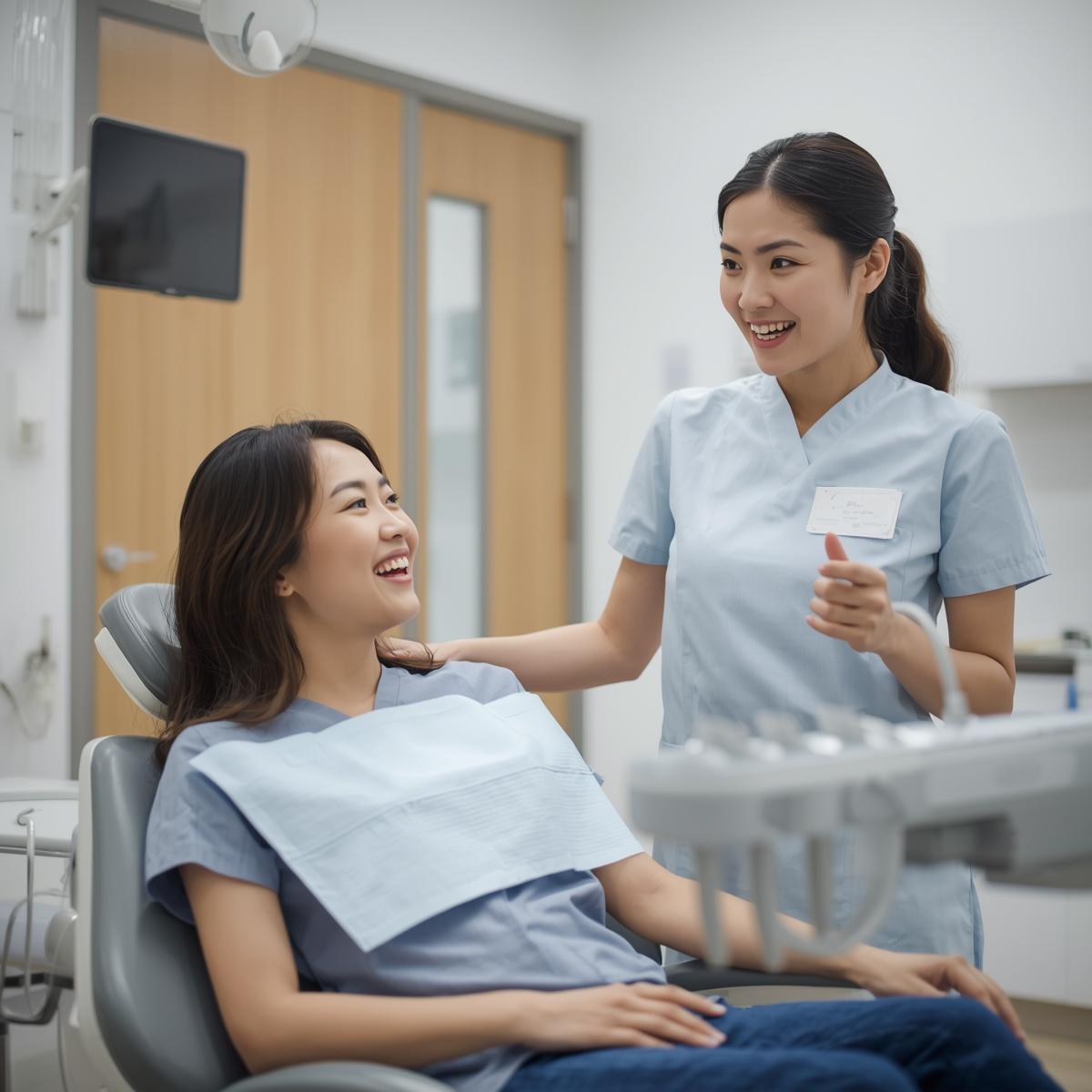 笑顔で話すアジア人女性患者とアジア人女性スタッフの歯科医院内風景