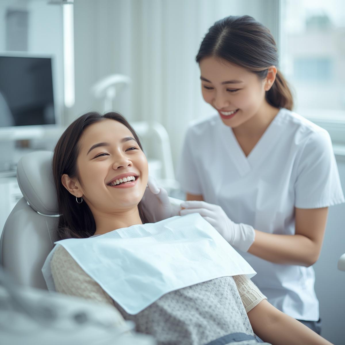 笑顔のアジア人女性患者とアジア人女性スタッフの歯科医院内風景